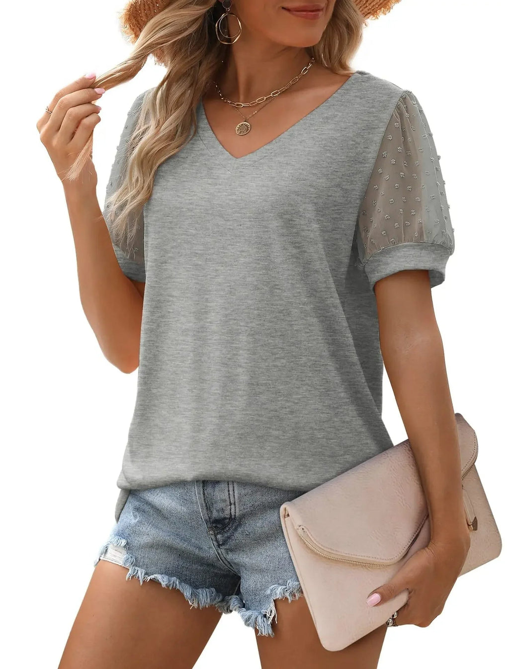 Susan - Women's V-Neck Mesh Sleeve Casual Top
