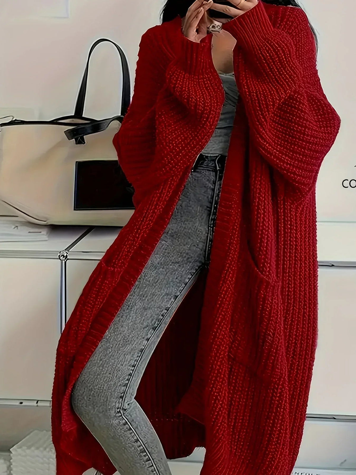 Red view of longline cardigan