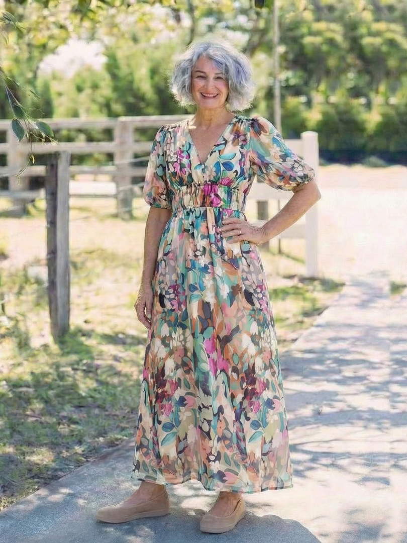 Eulalie | V Neck Short Sleeve Gathered Waist Midi Dress 4