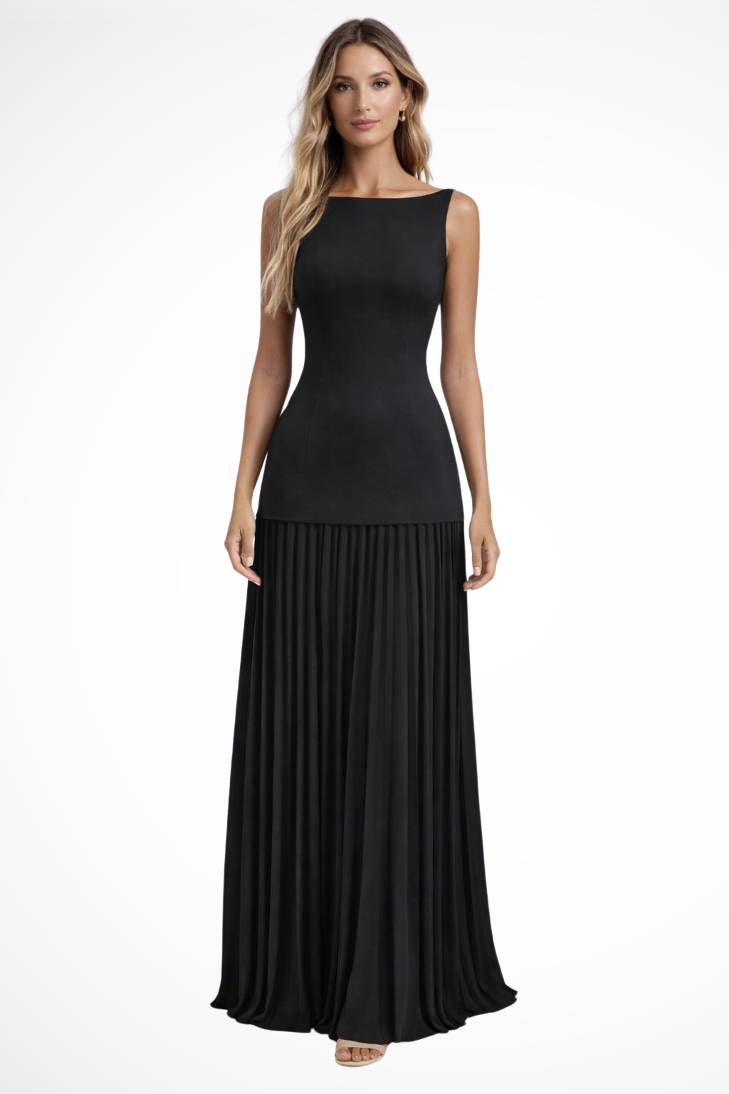 Cheryl - Women's Sleeveless Bateau Neck Top and Pleated Maxi Skirt Set
