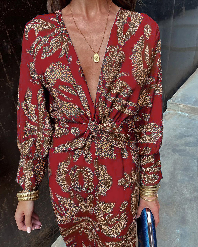 Olivia - Women's Paisley Print V-Neck Twist-Front Midi Dress
