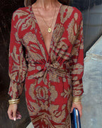 Olivia - Women's Paisley Print V-Neck Twist-Front Midi Dress