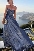 Women's Formal Strapless Pleated Metallic Maxi Dress