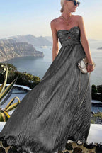 Women's Formal Strapless Pleated Metallic Maxi Dress
