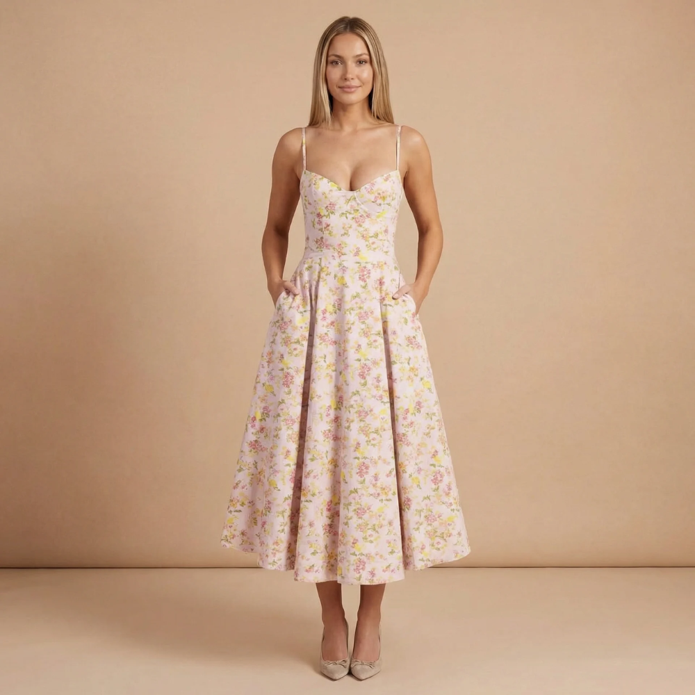 Women's Cocktail Sweetheart Neck Fit and Flare Midi Dress