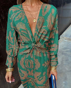 Olivia - Women's Paisley Print V-Neck Twist-Front Midi Dress
