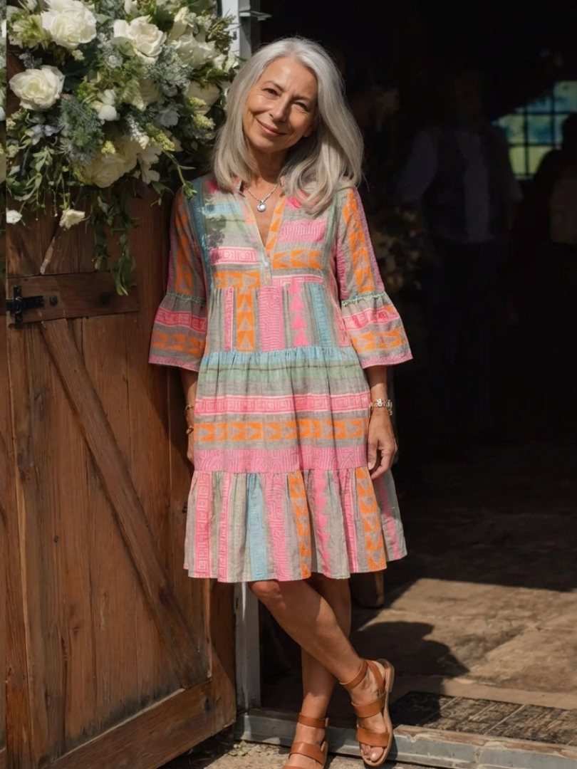 Maelle | Geometric Print V Neck Tiered Knee Length Dress 6