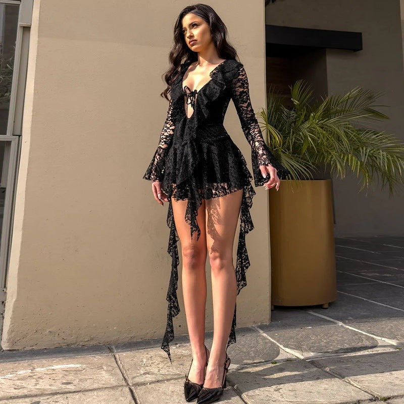 LUMIÈRE™ | Lace Ruffle Long Sleeve Mini Dress 8