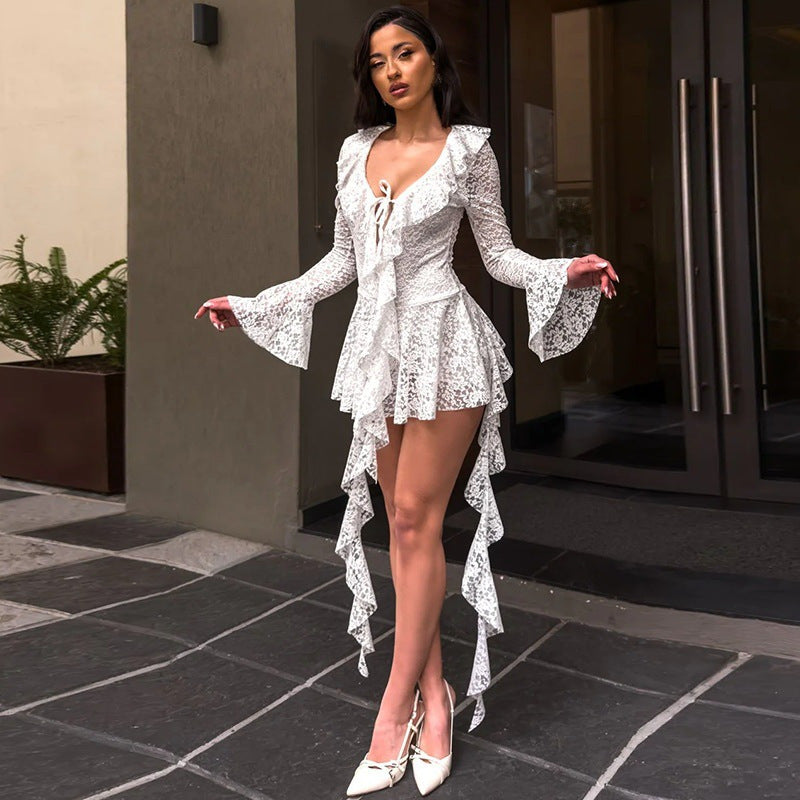 LUMIÈRE™ | Lace Ruffle Long Sleeve Mini Dress 1