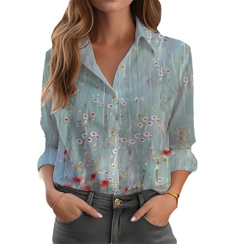 Inge - Women's Shirt Blouse with Floral Print and Button Placket