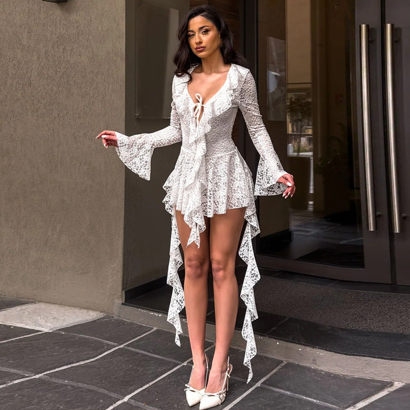 LUMIÈRE™ | Lace Ruffle Long Sleeve Mini Dress 6