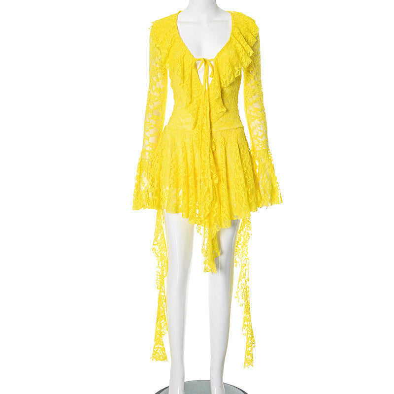 LUMIÈRE™ | Lace Ruffle Long Sleeve Mini Dress 3