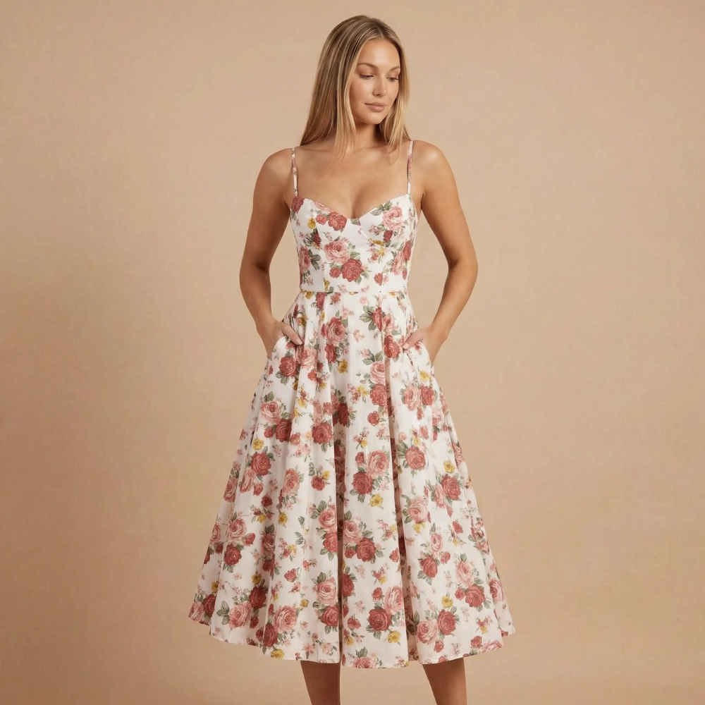 Women's Cocktail Sweetheart Neck Fit and Flare Midi Dress