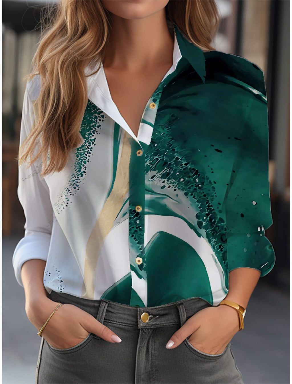 Inge - Women's Shirt Blouse with Floral Print and Button Placket