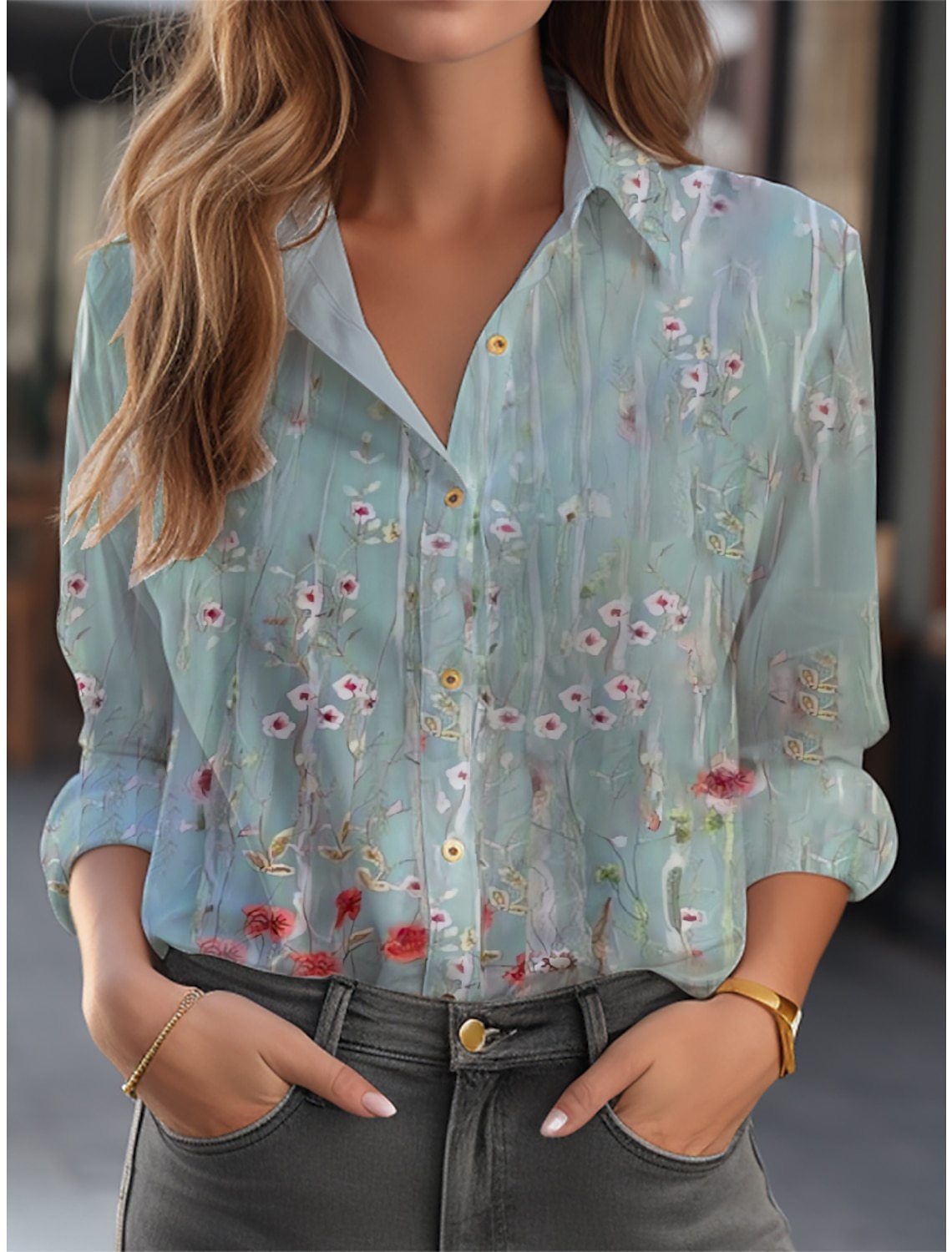 Inge - Women's Shirt Blouse with Floral Print and Button Placket