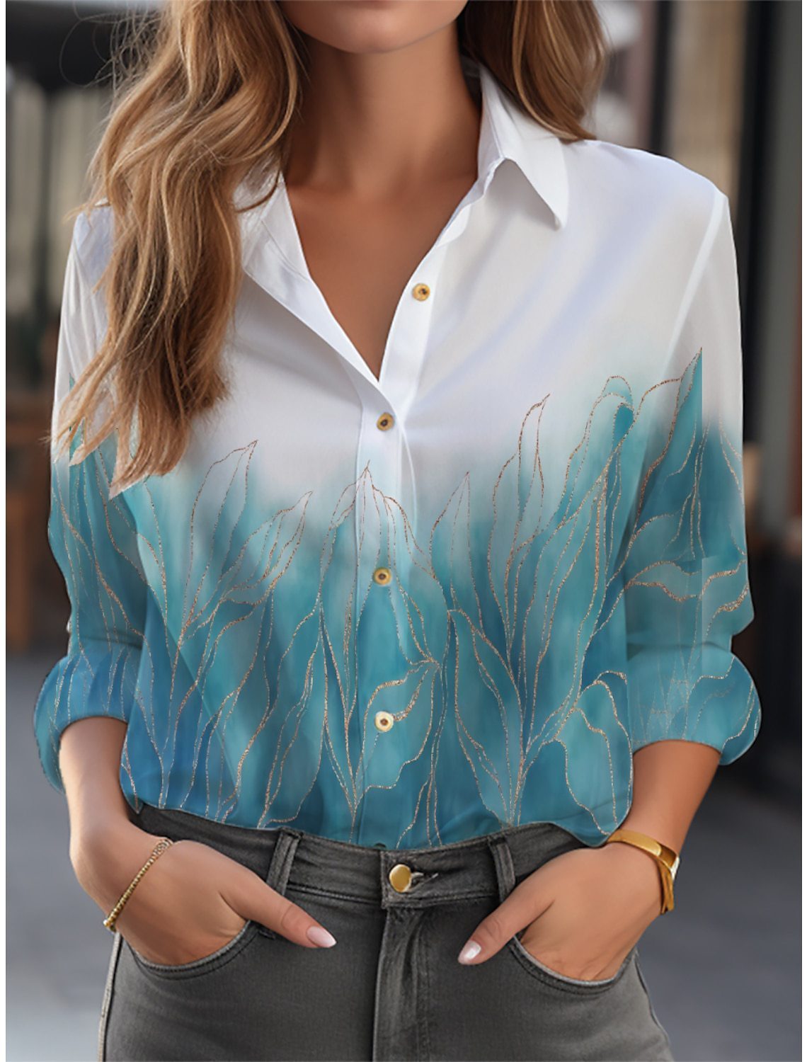 Inge - Women's Shirt Blouse with Floral Print and Button Placket