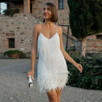 Nicole - Sequin Fringe & Feather Hem Spaghetti Strap Mini Dress