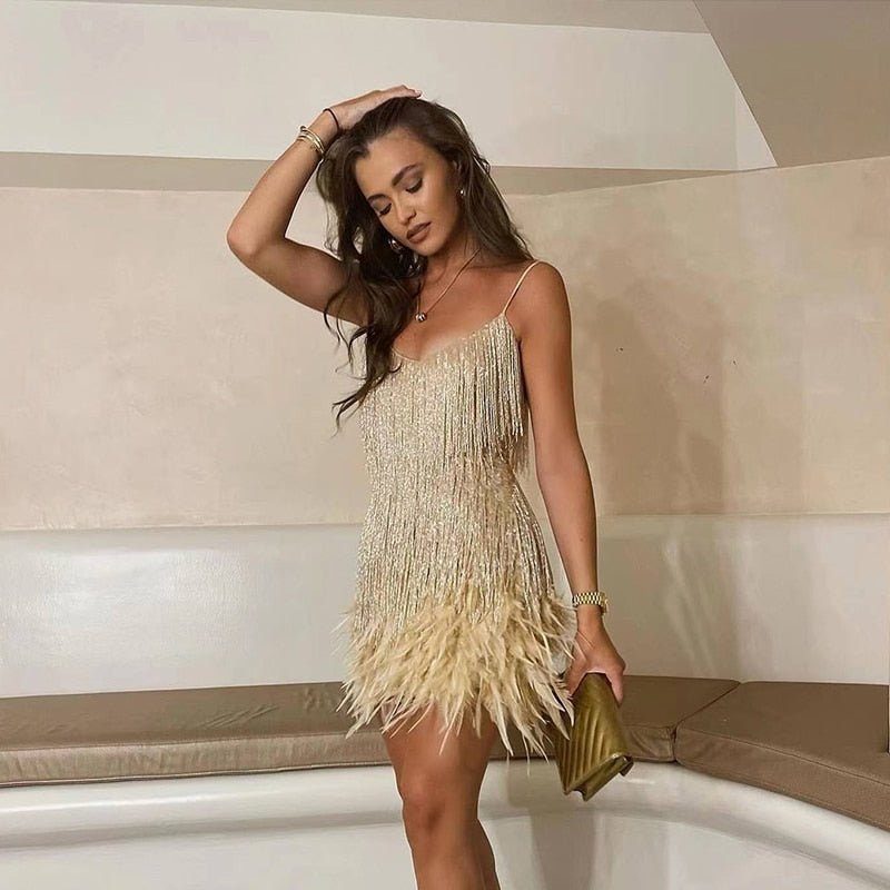 Nicole - Sequin Fringe & Feather Hem Spaghetti Strap Mini Dress