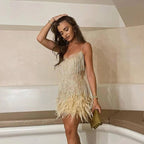 Nicole - Sequin Fringe & Feather Hem Spaghetti Strap Mini Dress