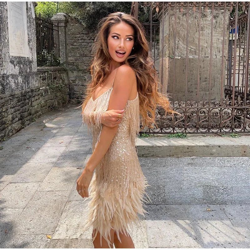 Nicole - Sequin Fringe & Feather Hem Spaghetti Strap Mini Dress