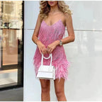 Nicole - Sequin Fringe & Feather Hem Spaghetti Strap Mini Dress