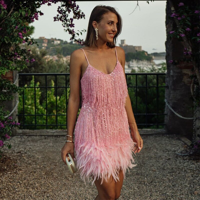 Nicole - Sequin Fringe & Feather Hem Spaghetti Strap Mini Dress