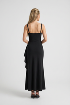 Black Square Neck Dress with Slit - Classic Slimming Fit