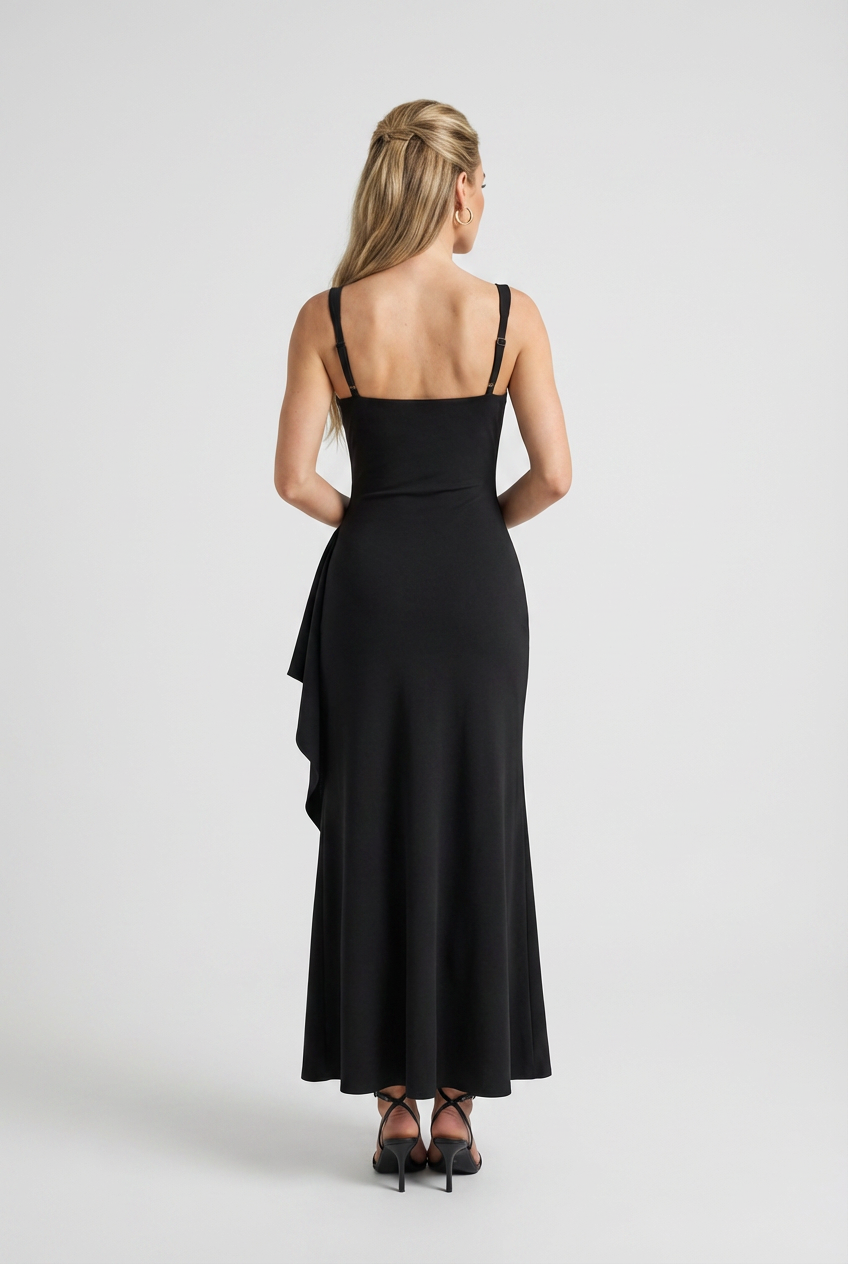 Black Square Neck Dress with Slit - Classic Slimming Fit