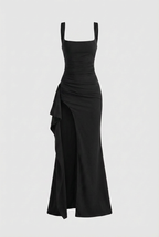 Black Square Neck Dress with Slit - Classic Slimming Fit
