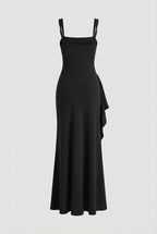 Black Square Neck Dress with Slit - Classic Slimming Fit