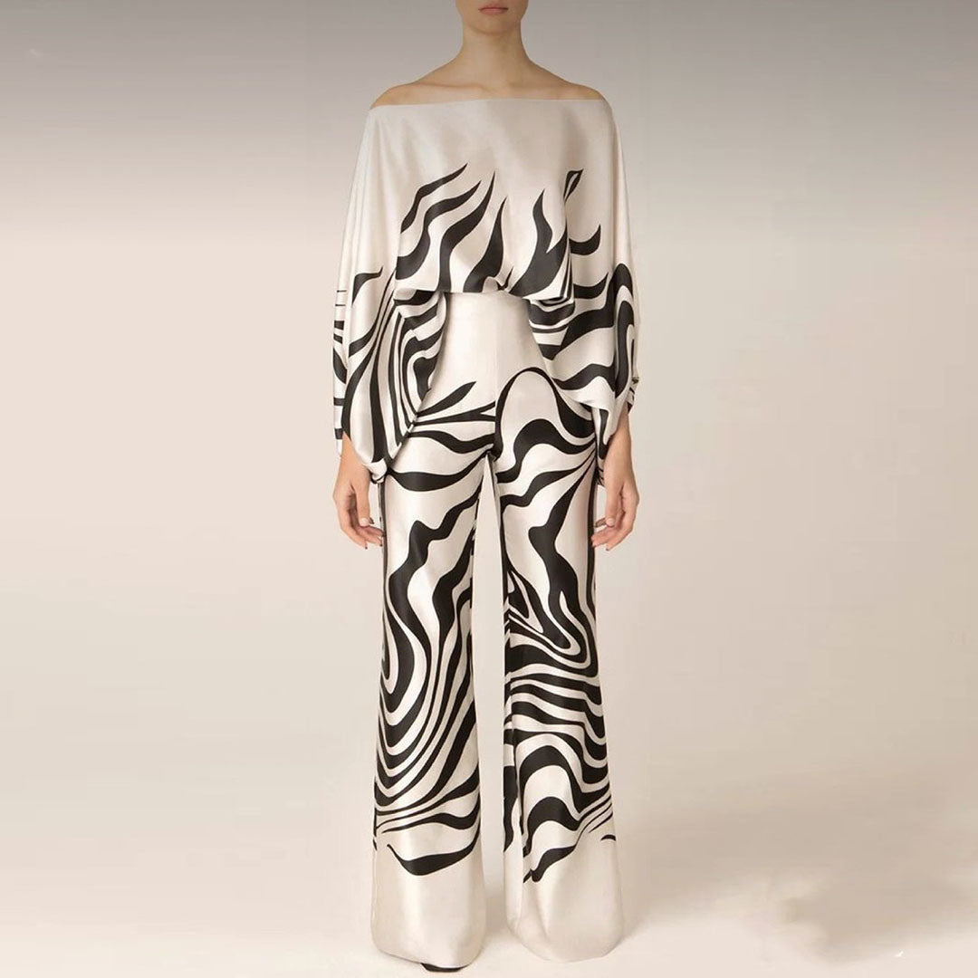 Emma - Wave Print Satin One-Shoulder Top & Wide-Leg Pants Set