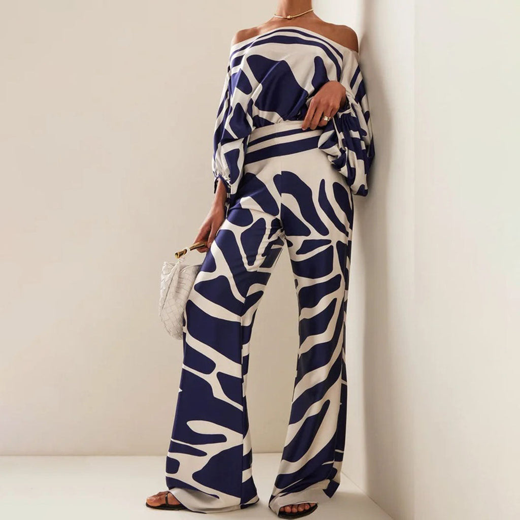 Emma - Wave Print Satin One-Shoulder Top & Wide-Leg Pants Set