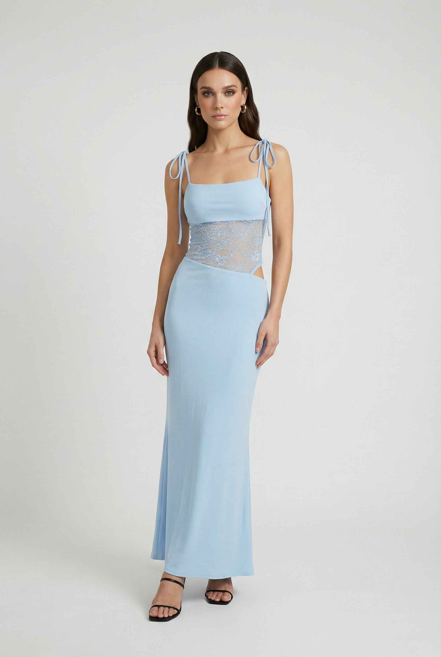 Women's Blue Aura Bodycon Stretch Knit Maxi Dress for Evening Wear