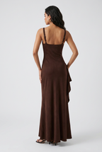 Brown Slit Dress - Elegant Square Neck Mocha Fit