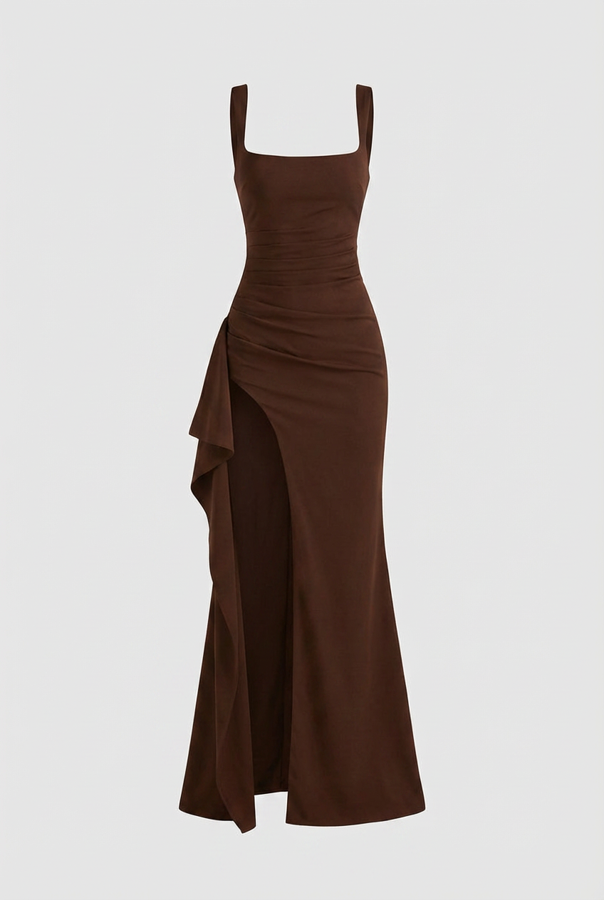 Brown Slit Dress - Elegant Square Neck Mocha Fit