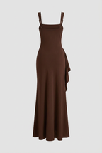 Brown Slit Dress - Elegant Square Neck Mocha Fit