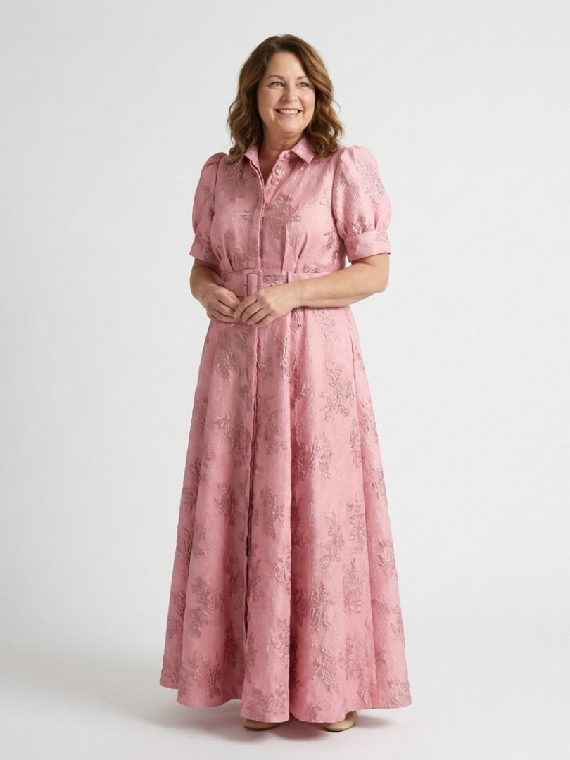 Xanthea | Short Sleeve Belted Floral Textured Maxi Shirt Dress 2