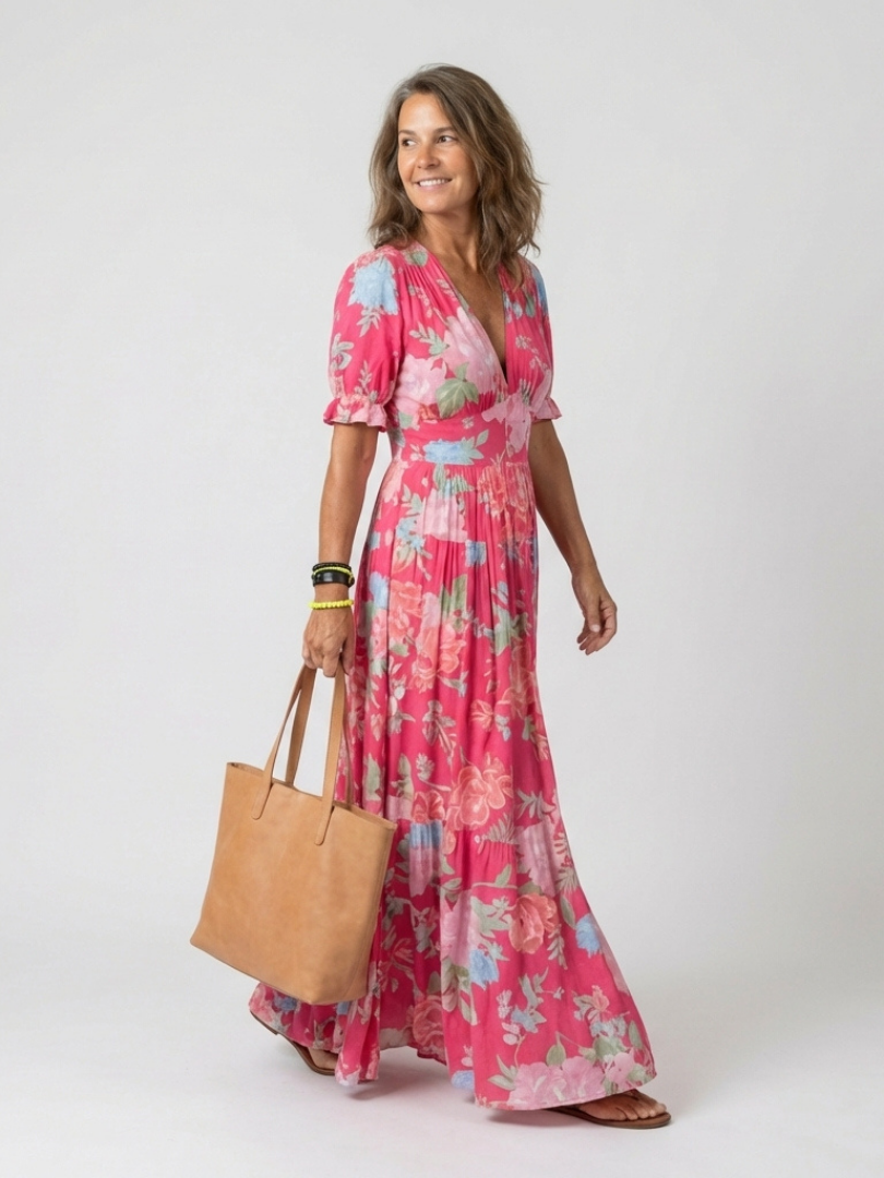 Ione | Short Sleeve V Neck Floral Midi Dress 2