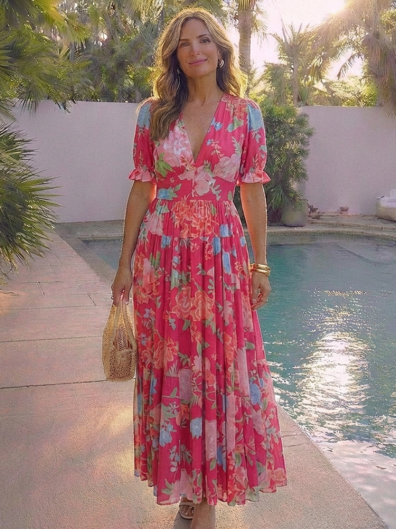 Ione | Short Sleeve V Neck Floral Midi Dress 7
