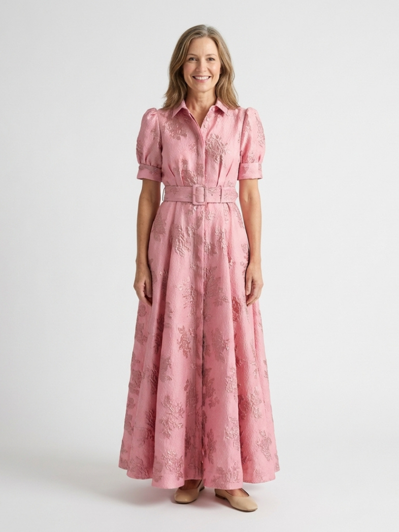 Xanthea | Short Sleeve Belted Floral Textured Maxi Shirt Dress 1