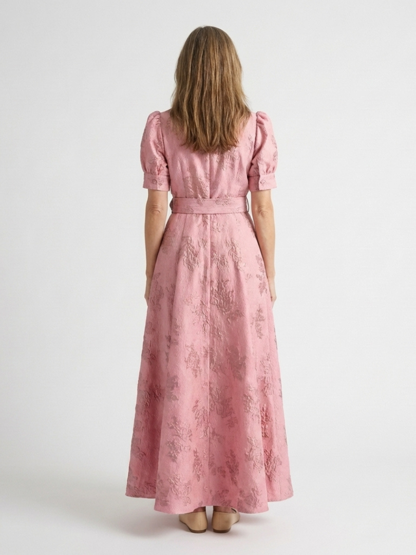 Xanthea | Short Sleeve Belted Floral Textured Maxi Shirt Dress 4