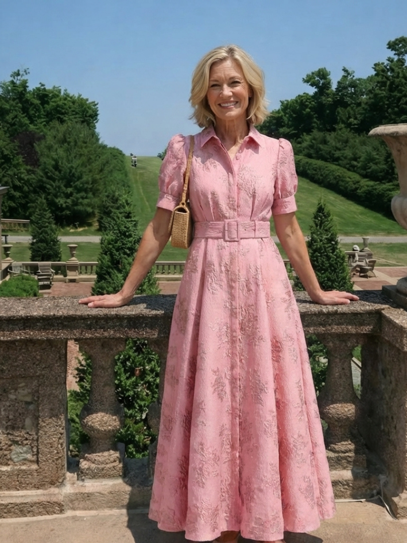 Xanthea | Short Sleeve Belted Floral Textured Maxi Shirt Dress 6