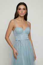Cocktail Midi Dress for Women - Blue Satin Halter Style for Parties & Special Occasions