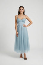Cocktail Midi Dress for Women - Blue Satin Halter Style for Parties & Special Occasions