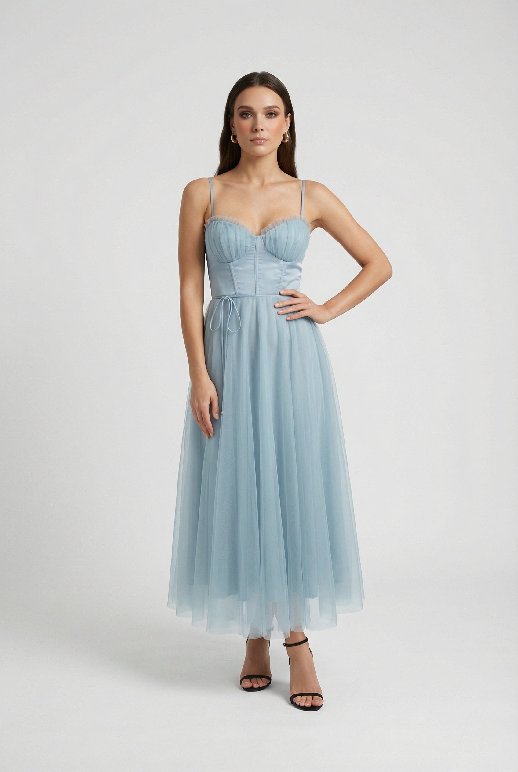 Cocktail Midi Dress for Women - Blue Satin Halter Style for Parties & Special Occasions