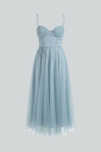 Cocktail Midi Dress for Women - Blue Satin Halter Style for Parties & Special Occasions