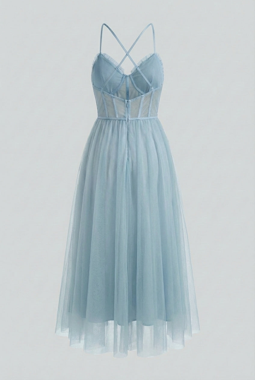 Cocktail Midi Dress for Women - Blue Satin Halter Style for Parties & Special Occasions