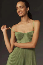 CELESTE - Pleated Midi Dress with Corset Bodice and Spaghetti Straps