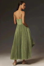 CELESTE - Pleated Midi Dress with Corset Bodice and Spaghetti Straps