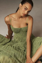 CELESTE - Pleated Midi Dress with Corset Bodice and Spaghetti Straps